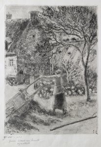 Kvinna som tömmer en skottkärra, 1880 (torrnål, akvatint, sandpapper och öppen bett etsning) av Camille Jacob Pissarro